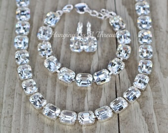 NEW Crystal Clear Octagon Tennis Necklace,Bracelet,Earring Set,Rectangle Emerald Cut Jewel,Crystal Clear,Silver Choker,Bridal,Weddings,White