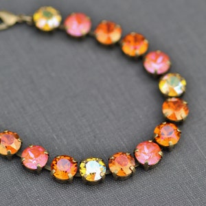 Swarovski Orange Glow Tennis Bracelet,8mm Crystal Tennis Bracelet,Orange Yellow,Fall Autumn Colors,Stacking,Antique Brass,Shimmer,Gift