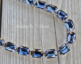 ONLY 1 Montana Navy Blue Crystal Octagon Tennis Necklace,Large Rectangle Crystal Choker,Dark Blue Rhinstone,Silver Neckace,Anna Wintour