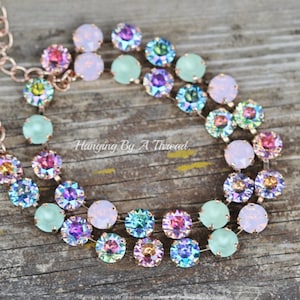 NEW Pastel Spring Colors Tennis Necklace,Pastel Matte Frosted Crystal Necklace,8mm,Rose Glacier Blue,Aqua,Chrysolite,Multi Colored,Rainbow