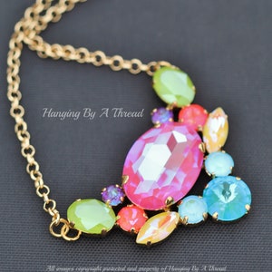 NEON Glow Crystal Cluster Necklace,Large Mixed Crystal Pendant Necklace,Gold Vee Shaped Necklace,Lotus Pink,Lime Green,Laguna,Bright,Gift