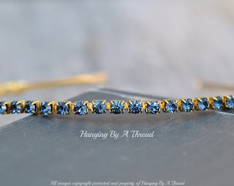 LIMITED Swarovski Crystal Jeweled Headband,Montana Sapphire Blue Jewel,Navy Blue Headband,Gold,5mm Rhinestone,Bridal,Bridesmaids,Gift