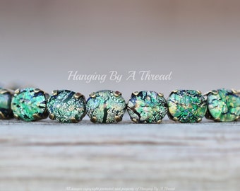 Vintage Emerald Gree Fire Opal Bracelet,Green Fire Opal,Harelquin Opal, RARE Color,Vintage Rhinestone Tennis Bracelet,Gift,Opal Jewelry