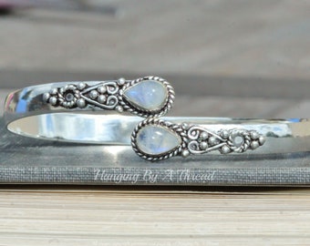 Silver Genuine Rainbow Moonstone Cuff Bracelet,Silver Ornate Filigree Wrap Cuff Bracelet,June Birthstone,Moonstone Pear Teardrop,Gift