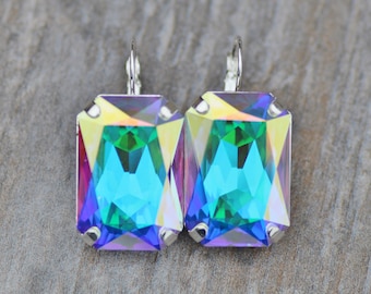 LARGE Crystal AB Octagon Swarovski Rhinestone Earrings,Aurora Borealis,Large Rectangle,Lever Back,Rhinestone Crystal Drop,Statement