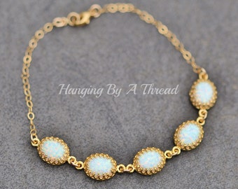 LIMITED Gold Opal Bracelet,5 White Opal Crown Set Bracelet,Yellow Gold Filled Chain,Oval Opal,October Birthstone,Lab Created Gemstone,Gift