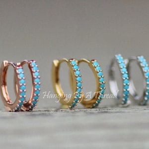 NEW Tiny Aqua Turquoise Hoop Earrings,Choose Finish,Rose Gold,Gold,Silver Huggie Hoops,Small Dainty Hoop Earring,Something Blue,Cartilage