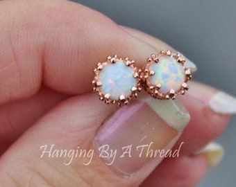 Small White Opal Rose Gold Stud,Rose Gold Opal Post,Lab Created Opal Gemstone,Crown Setting,October Birthstone,7mm White Opal,Dainty
