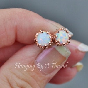 Small White Opal Rose Gold Stud,Rose Gold Opal Post,Lab Created Opal Gemstone,Crown Setting,October Birthstone,7mm White Opal,Dainty