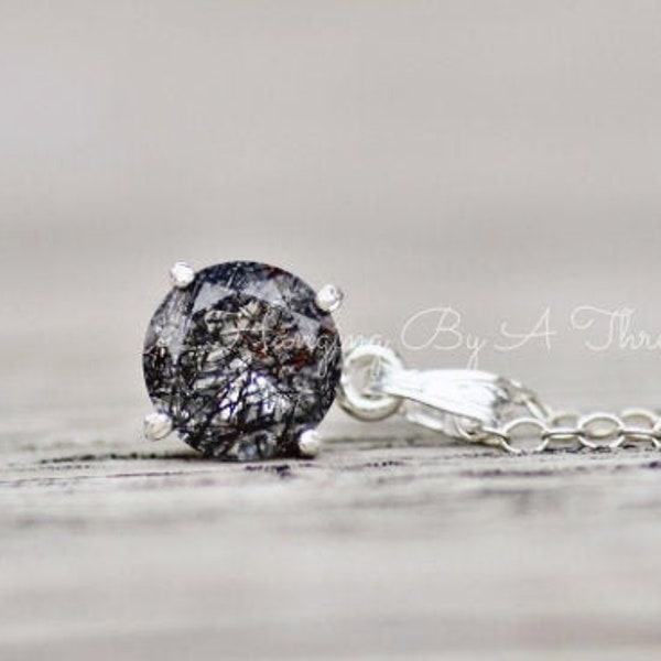 Genuine Tourmalated Quartz Gemstone Necklace,Small Round Pendant,Tourmalinated Quartz,Black Tourmaline,Sterling Silver Round Solitaire,Gift