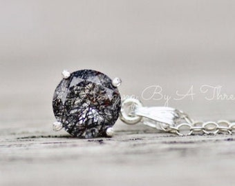 Genuine Tourmalated Quartz Gemstone Necklace,Small Round Pendant,Tourmalinated Quartz,Black Tourmaline,Sterling Silver Round Solitaire,Gift