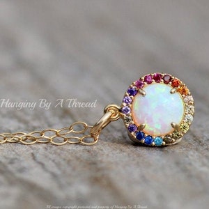 White Opal Rainbow Small Pendant Necklace,Multi Colored Opal Halo Necklace,Gay Pride,LGBTQ,October Birthstone,Lab Created Opal