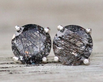 LAST PAiR Grade AAA Tourmalated Quartz Stud,Tourmalinated Quartz Gemstone Post,8mm Round,Sterling Silver Basket Setting,Black Quartz