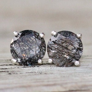 GRADE AAA Tourmalated Quartz Stud,Tourmalinated Tourmalated Quartz Gemstone Post,8mm Round,Sterling Silver Basket Setting,Black Quartz Jewel