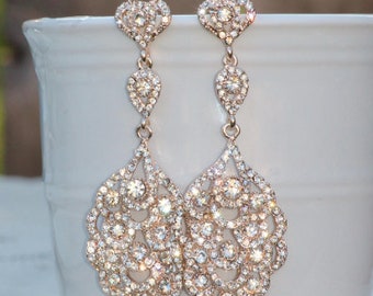 BEST SELLER Rose Gold Long Crystal Chandelier Earring,Rose Gold Crystal Clear Long Rhinestone Drop,Stud Post,Bridal Wedding Earrings,Dangle