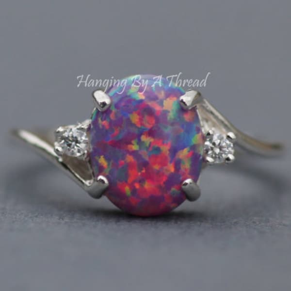 Rare Purple Fire Opal CZ Gemstone Ring,Lab Created Purple Opal Ring,Sterling Silver Womens Opal Ring,October Birthstone,Rainbow