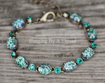 Vintage Emerald Gree Fire Opal Bracelet,Green Fire Opal,Harelquin Opal, RARE Color,Vintage Rhinestone Tennis Bracelet,Gift,Opal Jewelry
