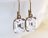 Vintage Crystal Clear Swarovski Rhinestone Earrings,Everyday Glamour,Emerald Cut Dangle,Bridal Earrings,Vintage Glass,Antique Brass