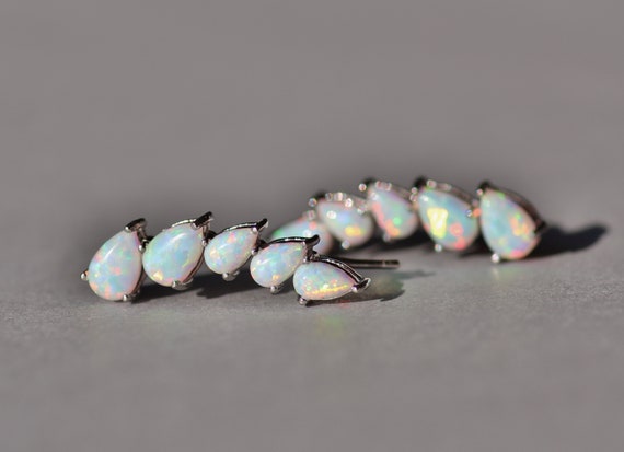 GORGEOUS White Opal Gemstone Ear Cuff,Pear Teardrop Ear Wrap Post Stud Earring,White Rainbow Opal,Sterling Silver,Lab Created Opal Cuff,Gift