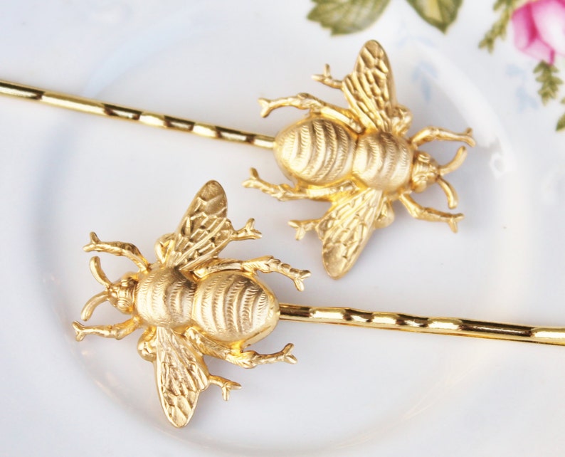 Brass Honeybee Bobby Pins,Set of Two,Highly Detailed,Golden Bee Hair Pins,Bridal,Whimsical,Shabbby Chic,Outdoor Wedding,Bridal Hair Pins image 2