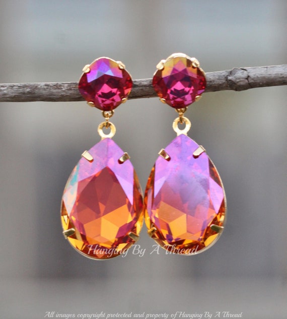 LAST PAIR Large Astral Pink Drop Earring,Statement Earring,Fuchsia Brandy,Cushion Large Pear Teardrop,Orange Pink Shimmer,Stud Post,Gift