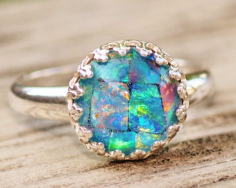 Genuine Australian Opal Ring,Mosaic Opal Triplet Ring,Sterling Silver Opal Ring,Round Silver Crown Bezel Setting,Gemstone Ring,Birthstone