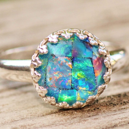 Véritable bague en opale d'Australie, bague triplet en mosaïque d'opale, bague en argent sterling avec opale, couronne ronde en argent, bague avec pierres précieuses, pierre de naissance
