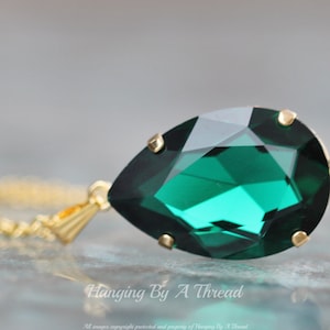 NEW COLOR Large Emerald Green Rhinestone Pendant Necklace,Gold Large Teardrop Pear Necklace,Statement,Dark Emerald Green Crystal,Layering