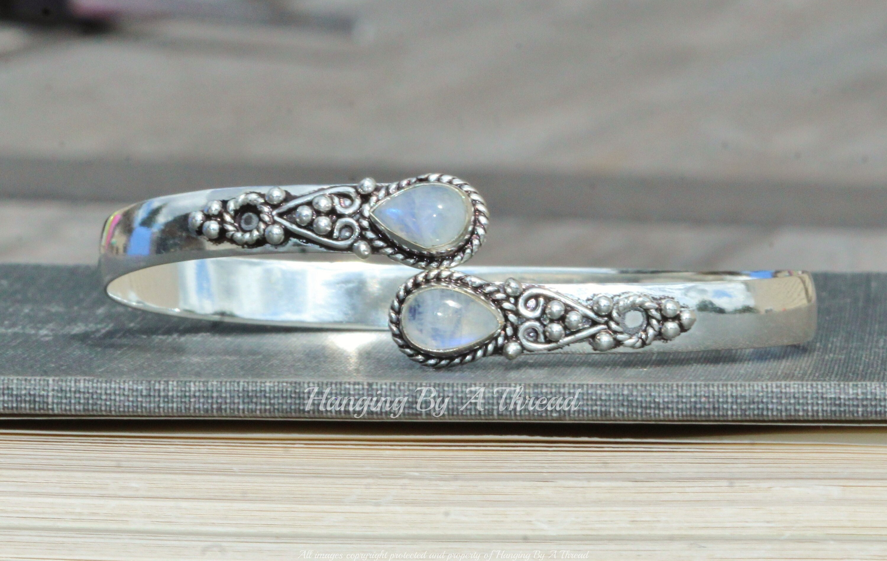 Bracelet Argent 925 Pierre De Lune Arc-en-Ciel & Opale De Feu - Réglable - Fait Main