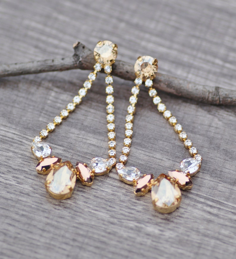NEW Crystal Champagne Gold Long Chandelier Earrings,Rhinestone Crystal Earring,Bridal Weddings Statement,Golden Shadow,Rose Gold,Dangle