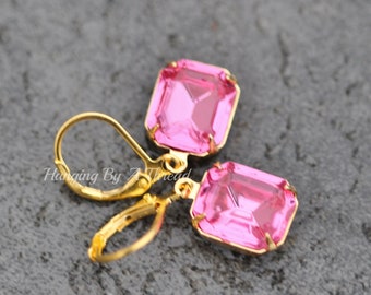 Vintage Swarovski Rose Jewel Drop Earrings,Crystal Bright Pink,Choose Finish,Vintage Octagon Dangle,Petite,Everyday,Rhinestone,Dangle