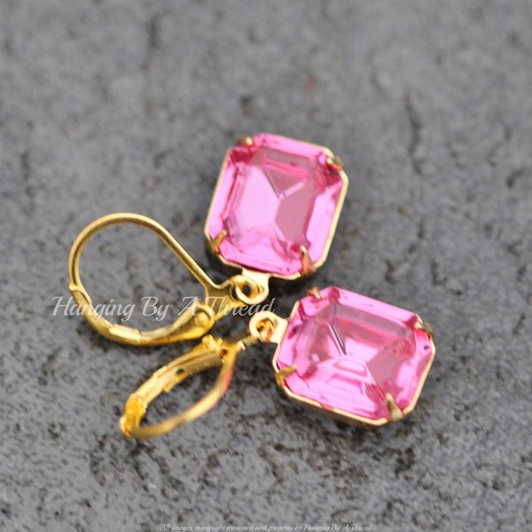 Vintage Swarovski Rose Jewel Drop Earrings,Crystal Bright Pink,Choose Finish,Vintage Octagon Dangle,Petite,Everyday,Rhinestone,Dangle