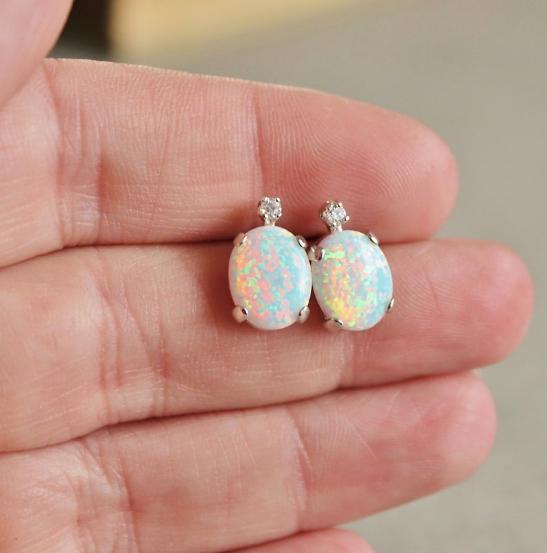 Australian Opal Gemstone Earrings,Diamond Accent Lab Created Opal Earrings,Sterling Silver Post Earrings,Fire Opal,White Opal,Birthstone image 5