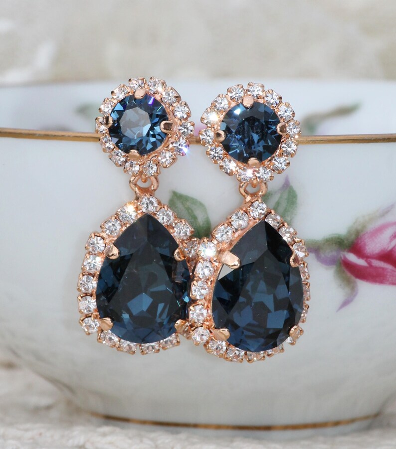 Sapphire Navy Blue ROSE GOLD Bridal Halo Set,Matching Necklace /& Earring Set,Halo Pear Teardrop,Swarovksi Crystal,Weddings,Gift Set,Womens