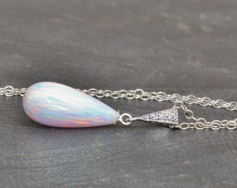 RARE White Lab Opal Drop Pendant Necklace,Long Lab Created White Rainbow Opal,Paved Pendant Necklace,CZ Jewel,Sterling Silver,Birthstone