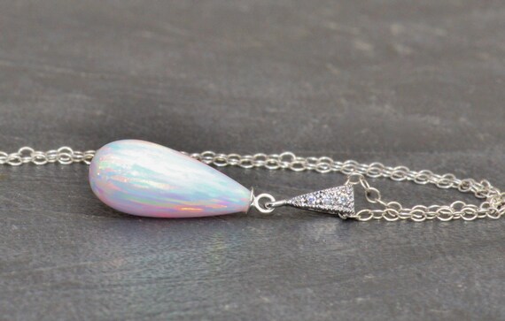 RARE White Lab Opal Drop Pendant Necklace,long Lab Created White