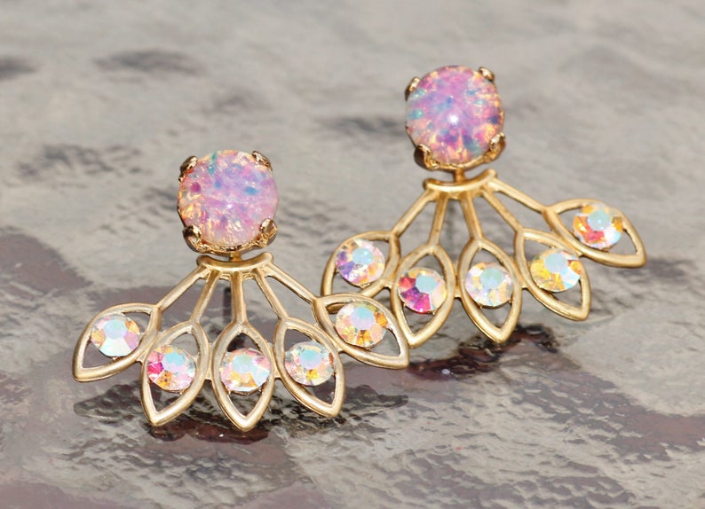 GORGEOUS Vintage Pink Fire Opal Earring Jacket,Pink Rainbow Opal /& Crystal AB Rhinestone Earring,Stud Post,Ear Jacket,Harelquin Opal,Unique