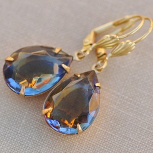 RARE Vintage Montana Topaz Rhinestone Jewel Drop Earrings,Estate Style Vintage Rhinestone Dangle,Navy Blue Topaz,Pear,Teardrop,Unique image 4