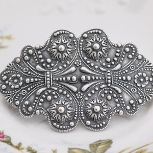 Art Nouveau Victorian Large Silver Hair Barrette,Antique Silver Large Floral Filigree Barrette,Silver Hair Clip,French Barrette,Silver Ox