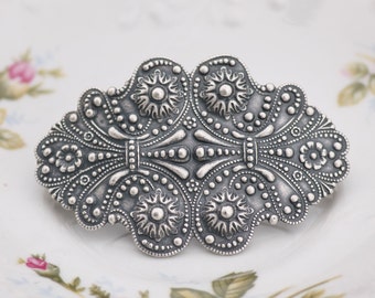 Horquilla grande de plata Art Nouveau victoriana, horquilla antigua de plata con filigrana floral, pinza de plata para el cabello, horquilla francesa, buey de plata