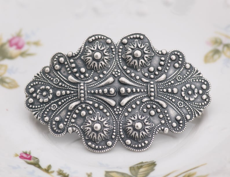 Art Nouveau Victorian Large Silver Hair Barrette,Antique Silver Large Floral Filigree Barrette,Silver Hair Clip,French Barrette,Silver Ox image 1