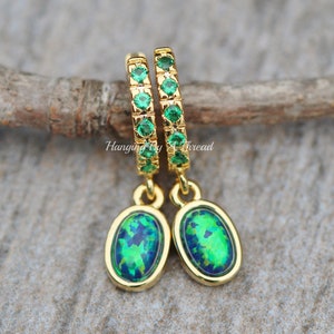 Small Peacock Teal Blue Opal Hoops,Small Golden Huggie Hoops,Emerald Green CZ Paved Pave,Opal Charm,Minimalist,Gift,October Birthstone,Blue