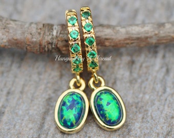 Small Peacock Teal Blue Opal Hoops,Small Golden Huggie Hoops,Emerald Green CZ Paved Pave,Opal Charm,Minimalist,Gift,October Birthstone,Blue