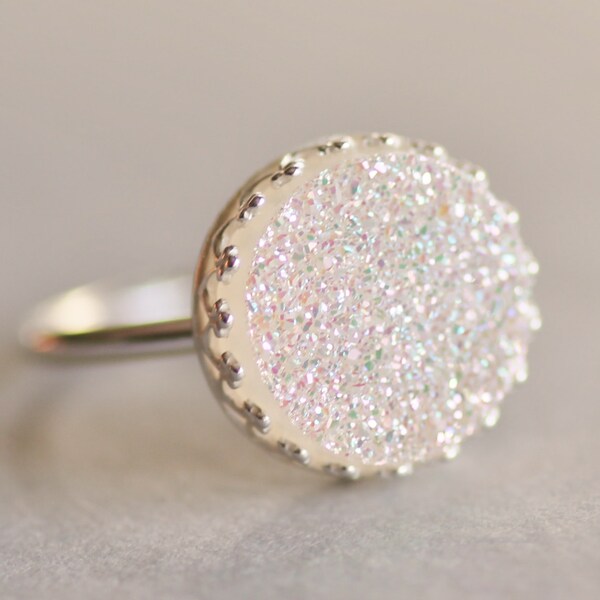 GENUINE White Rainbow Druzy Ring,Sterling Silver Gemstone Ring,White Druzy Cabochon,Silver Crown Setting,Gift For Her,Natural,Geode,OOAK,