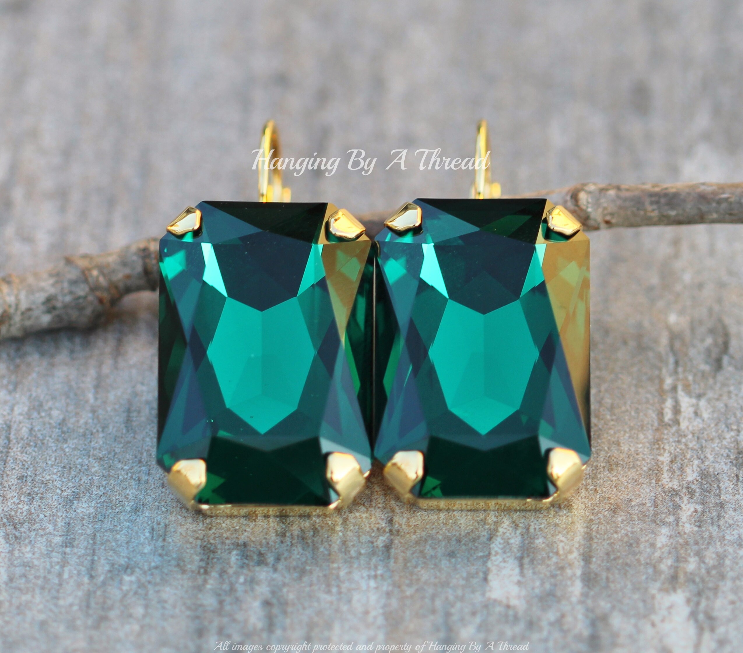 LARGE Emerald Green Octagon Swarovski Rhinestone Earrings,emerald