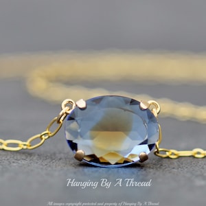 LIMITED STOCK Vintage Sapphire Topaz Two Tone Glass Jewel Necklace,Gold,Oval Rhinestone,Sapphire Montana Blue,Two Tone Givre,Layering,Oval