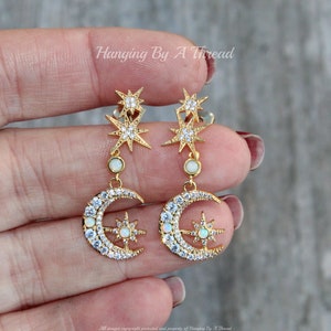 GORGEOUS Celestial Opal Moon Earrings,Gold Paved Pave Moon & Star Earrings,Stud Post,Gift For Her,White Lab Crreated Opal Gemstone,Dangle