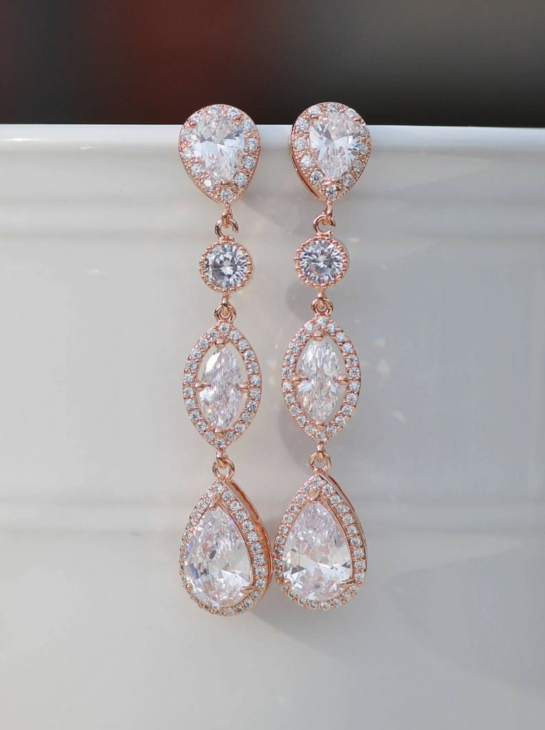 Rose Gold CZ Bridal Chandelier Earrings /& Necklace Set,Choose Pendant Size,Pear Long Drop Earring,Stud Post,Halo Rose Gold,Bridal,Wedding