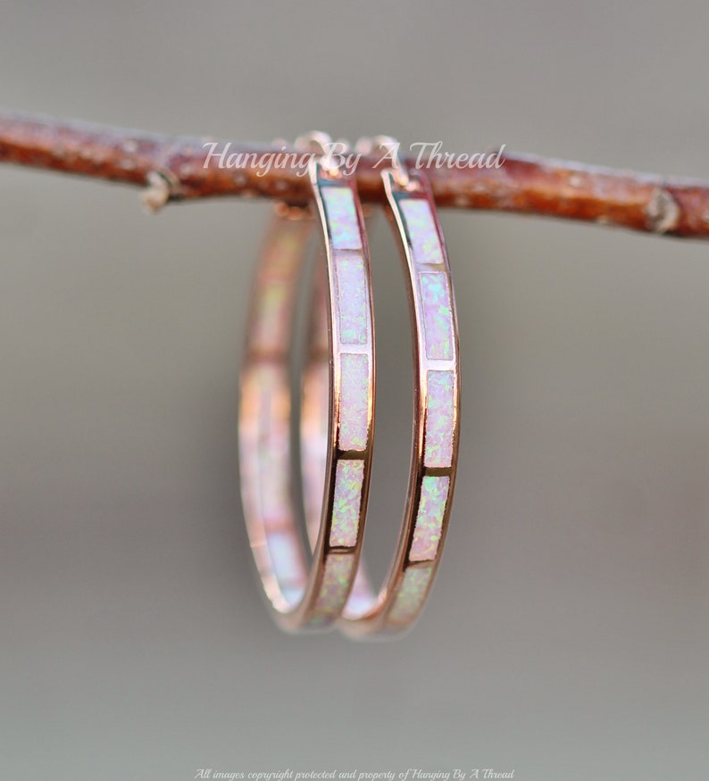 LARGE Pink Opal Rose Gold Hoop Earrings,Lab Created Opal Endless Hoop,Rose Gold Big Hoop Earrings,Lab Created Opal,Pink Rainbow,Rose Hoop image 9