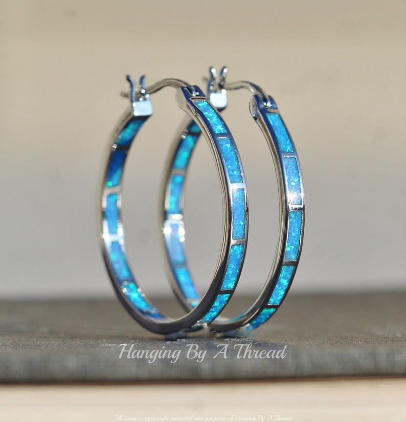 LARGE Blue Opal Silver Hoop Earrings,Lab Created Opal Endless Hoop,Silver Big Hoop Earrings,Lab Created Opal,Blue Rainbow,Silver Hoop,Gift image 4